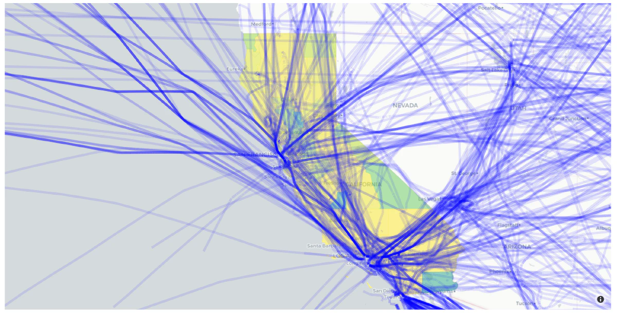 Visualization of flights over California at high risk areas